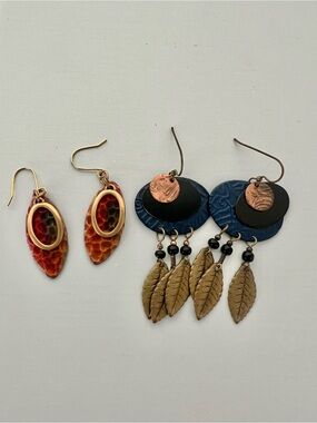 Bohemian Leaf Drop Earrings in Navy and Copper and artisan enamel earrings